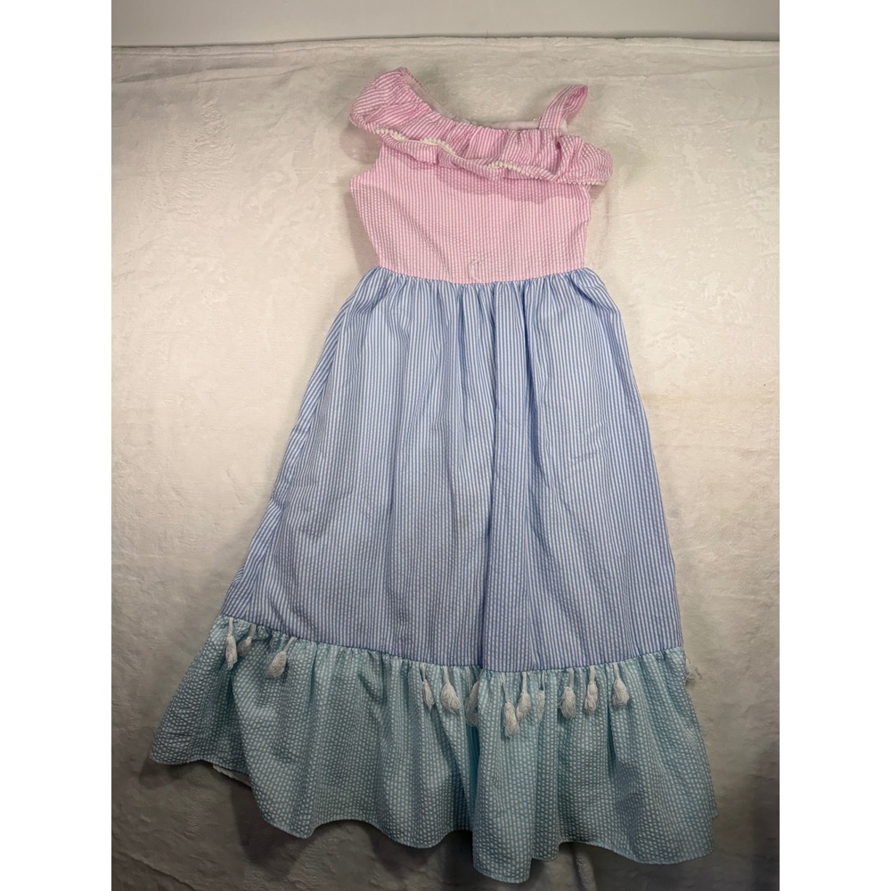Rare Editions Seersucker Maxi Dress 8 Pink Blue One Shoulder Tassel Girls